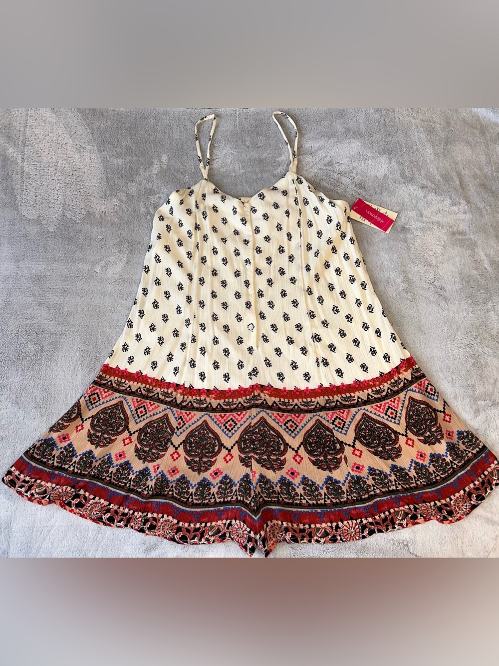 Xhilaration Cream Spaghetti-Strap Printed Romper with Red and Navy Accents